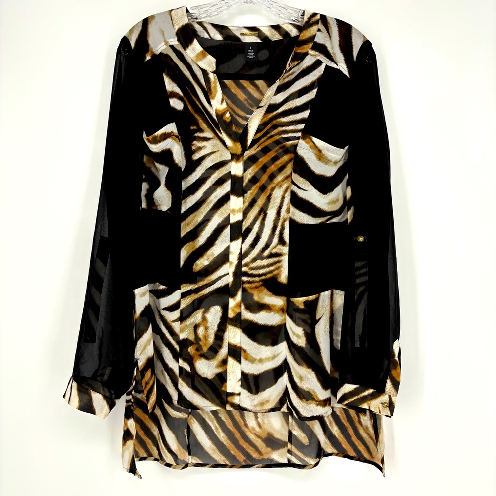 Chico's Black Label Sheer Animal Print Tunic Roll Tab Sleeve Medium V-Neck